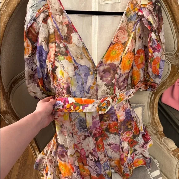 Zimmermann Prima Belted Floral Puff-Sleeve Linen and Silk V-Neck Mini Dress - Picture 5 of 6
